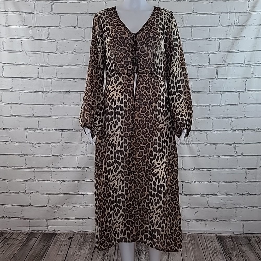 Gypsy Rose Sheer V-Neck Cheetah Print Swimsuit Cover Up/Dress Shell Brown/Black